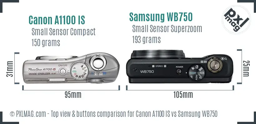 Canon A1100 IS vs Samsung WB750 top view buttons comparison