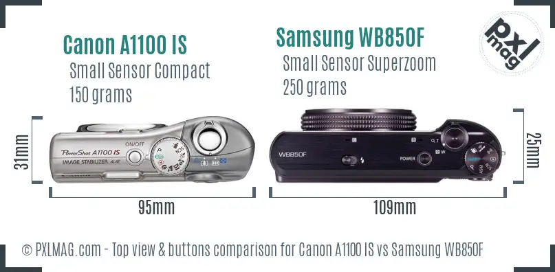 Canon A1100 IS vs Samsung WB850F top view buttons comparison Canon A1100 IS vs Samsung WB850F top view buttons comparison