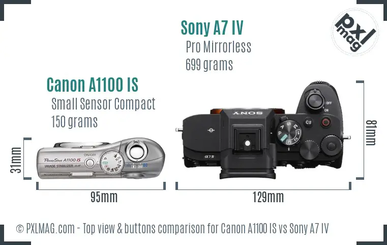 Canon A1100 IS vs Sony A7 IV top view buttons comparison Canon A1100 IS vs Sony A7 IV top view buttons comparison