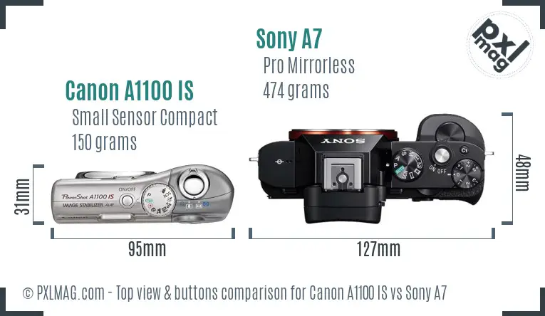 Canon A1100 IS vs Sony A7 top view buttons comparison
