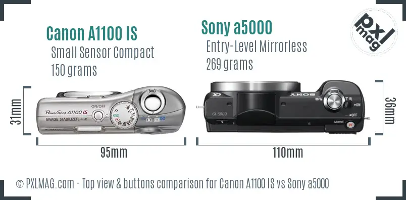 Canon A1100 IS vs Sony a5000 top view buttons comparison