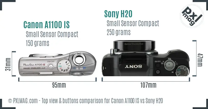 Canon A1100 IS vs Sony H20 top view buttons comparison