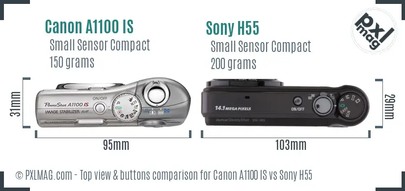 Canon A1100 IS vs Sony H55 top view buttons comparison