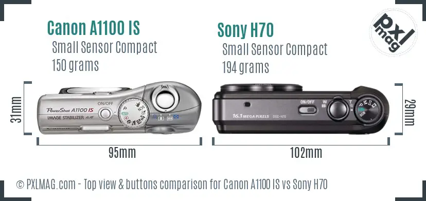 Canon A1100 IS vs Sony H70 top view buttons comparison