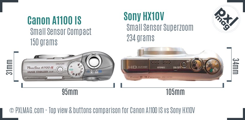 Canon A1100 IS vs Sony HX10V top view buttons comparison