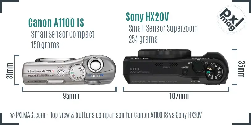 Canon A1100 IS vs Sony HX20V top view buttons comparison