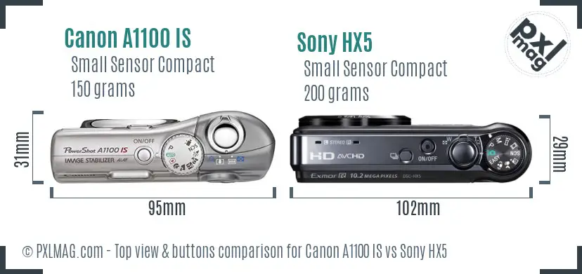 Canon A1100 IS vs Sony HX5 top view buttons comparison Canon A1100 IS vs Sony HX5 top view buttons comparison