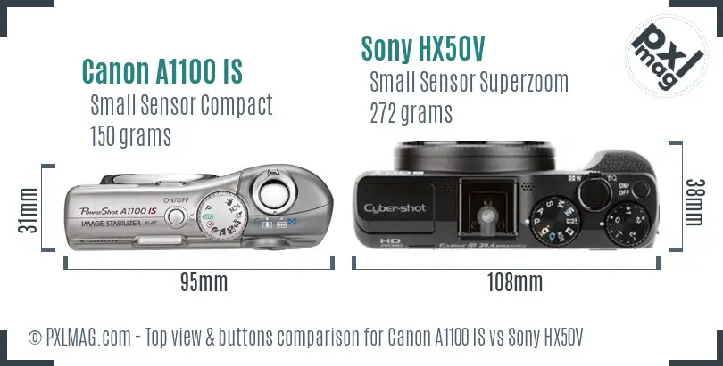 Canon A1100 IS vs Sony HX50V top view buttons comparison