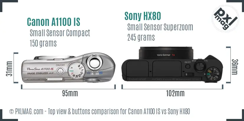 Canon A1100 IS vs Sony HX80 top view buttons comparison