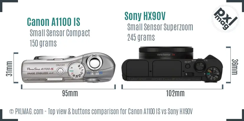 Canon A1100 IS vs Sony HX90V top view buttons comparison