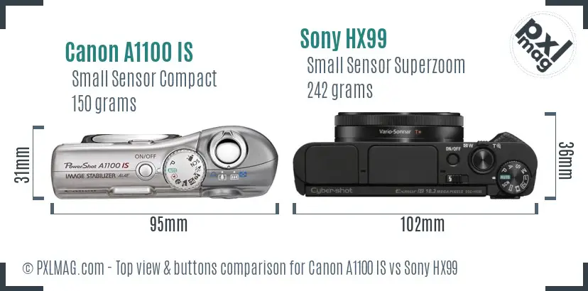 Canon A1100 IS vs Sony HX99 top view buttons comparison