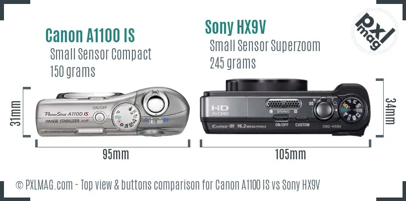 Canon A1100 IS vs Sony HX9V top view buttons comparison