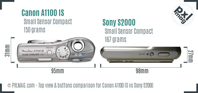 Canon A1100 IS vs Sony S2000 top view buttons comparison