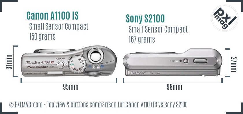 Canon A1100 IS vs Sony S2100 top view buttons comparison