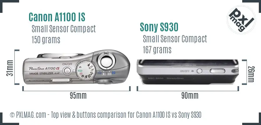 Canon A1100 IS vs Sony S930 top view buttons comparison Canon A1100 IS vs Sony S930 top view buttons comparison