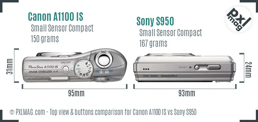 Canon A1100 IS vs Sony S950 top view buttons comparison
