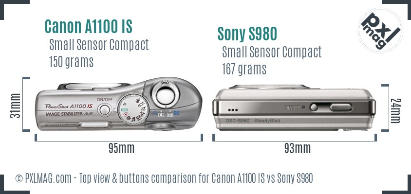 Canon A1100 IS vs Sony S980 top view buttons comparison