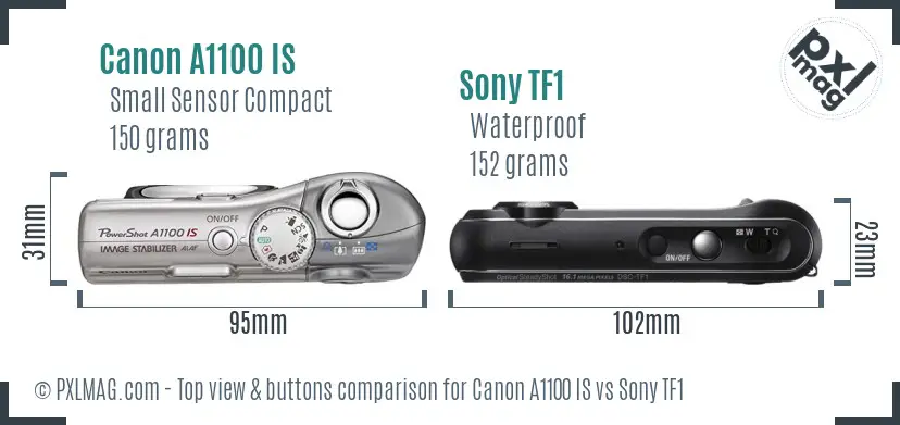 Canon A1100 IS vs Sony TF1 top view buttons comparison