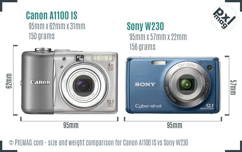 Canon A1100 IS vs Sony W230 size comparison