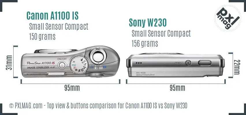 Canon A1100 IS vs Sony W230 top view buttons comparison