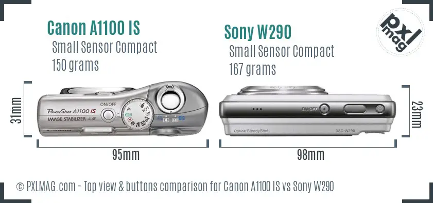 Canon A1100 IS vs Sony W290 top view buttons comparison