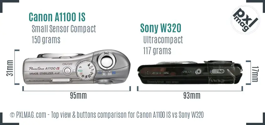 Canon A1100 IS vs Sony W320 top view buttons comparison Canon A1100 IS vs Sony W320 top view buttons comparison
