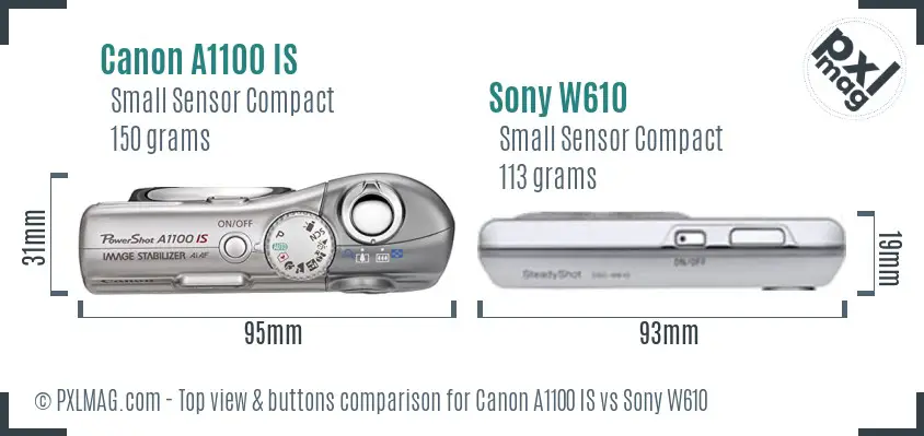 Canon A1100 IS vs Sony W610 top view buttons comparison
