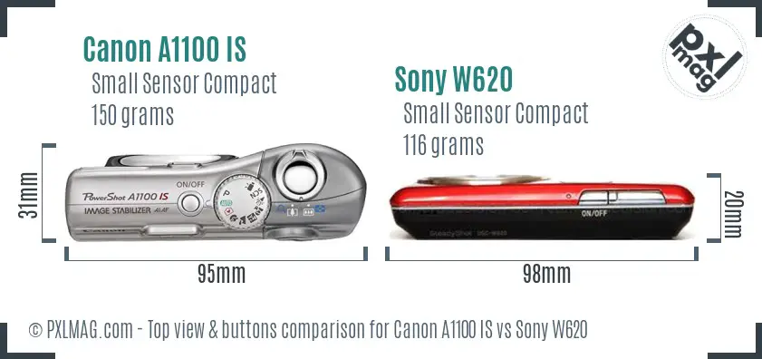 Canon A1100 IS vs Sony W620 top view buttons comparison Canon A1100 IS vs Sony W620 top view buttons comparison
