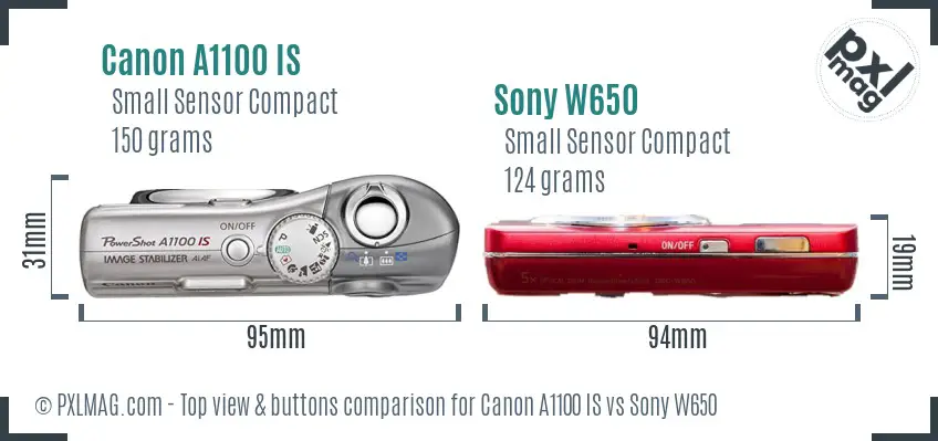 Canon A1100 IS vs Sony W650 top view buttons comparison