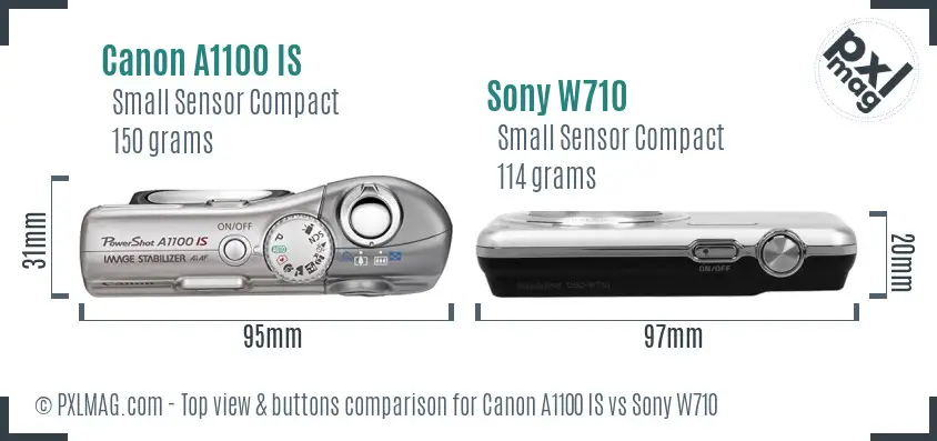 Canon A1100 IS vs Sony W710 top view buttons comparison