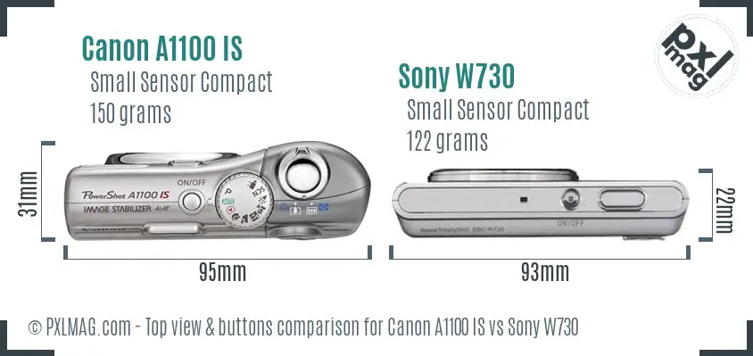 Canon A1100 IS vs Sony W730 top view buttons comparison