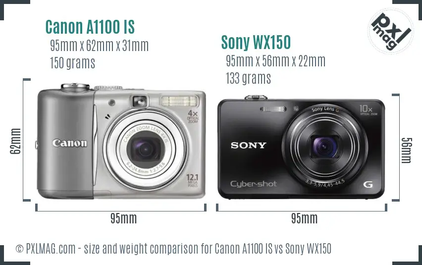 Canon A1100 IS vs Sony WX150 size comparison