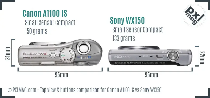 Canon A1100 IS vs Sony WX150 top view buttons comparison