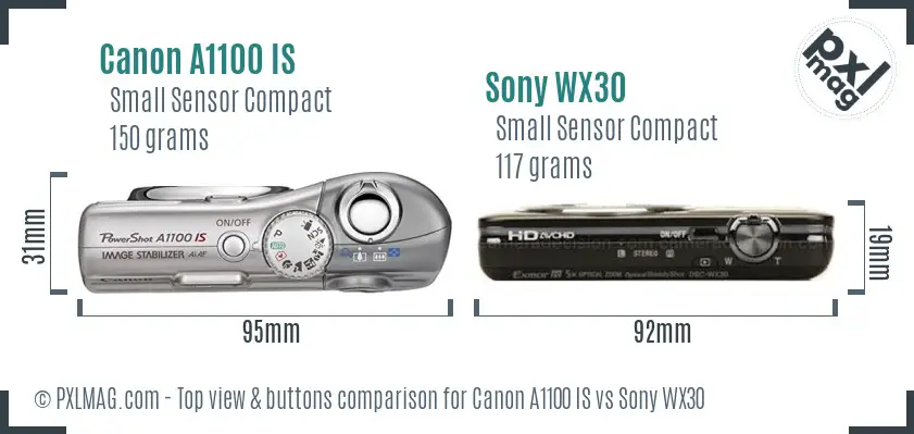 Canon A1100 IS vs Sony WX30 top view buttons comparison Canon A1100 IS vs Sony WX30 top view buttons comparison