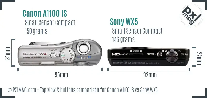 Canon A1100 IS vs Sony WX5 top view buttons comparison