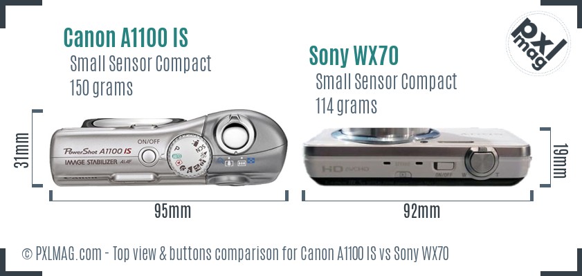 Canon A1100 IS vs Sony WX70 top view buttons comparison