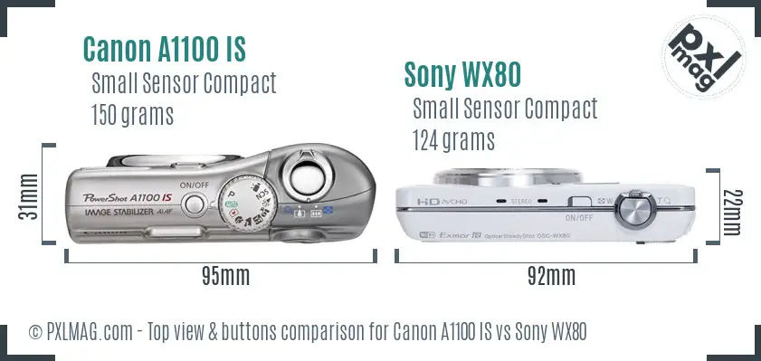 Canon A1100 IS vs Sony WX80 top view buttons comparison Canon A1100 IS vs Sony WX80 top view buttons comparison