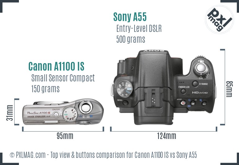 Canon A1100 IS vs Sony A55 top view buttons comparison