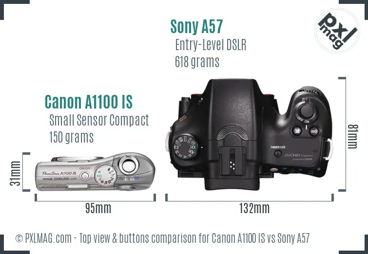 Canon A1100 IS vs Sony A57 top view buttons comparison