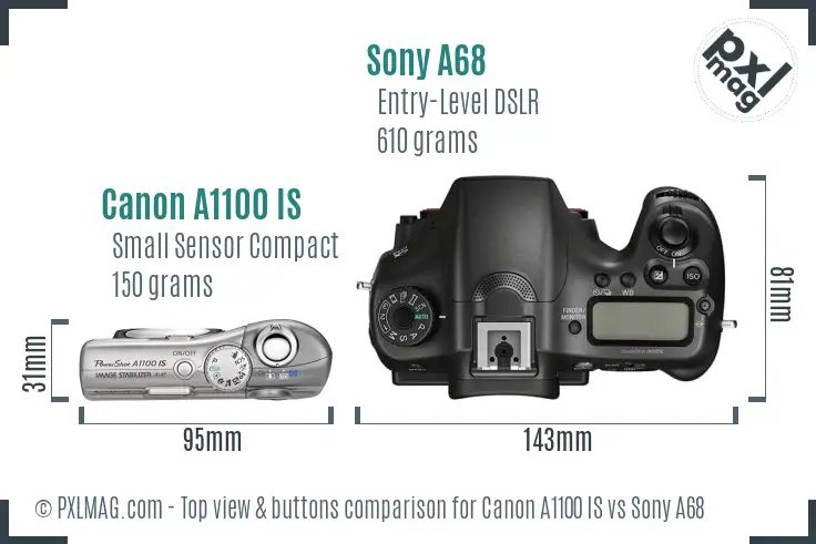 Canon A1100 IS vs Sony A68 top view buttons comparison