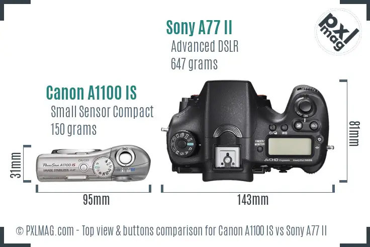Canon A1100 IS vs Sony A77 II top view buttons comparison