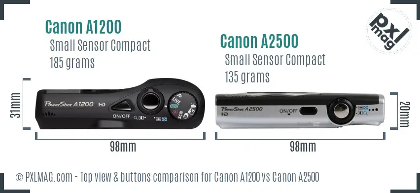 Canon A1200 vs Canon A2500 top view buttons comparison