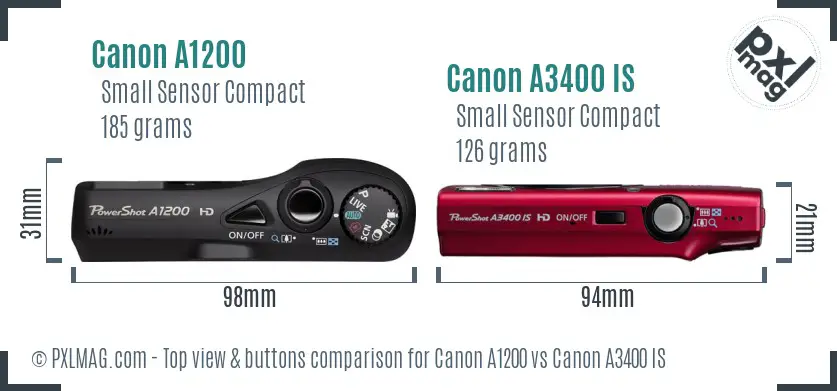 Canon A1200 vs Canon A3400 IS top view buttons comparison