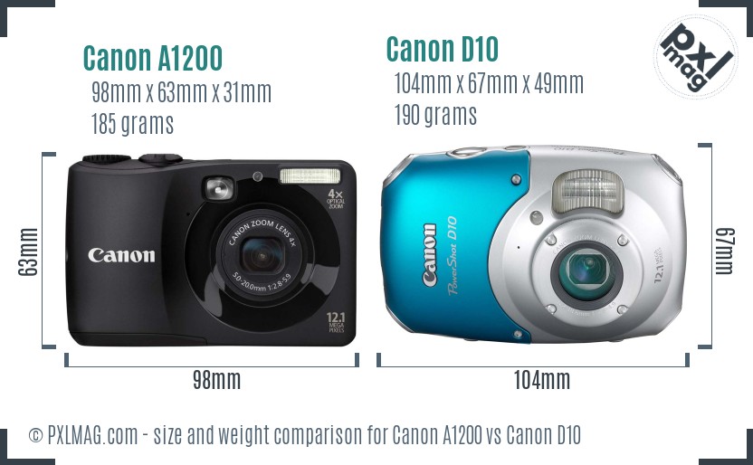 Canon A1200 vs Canon D10 size comparison