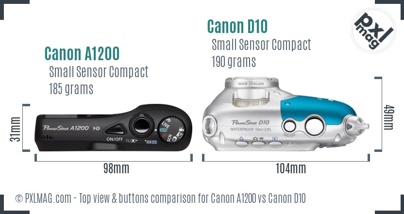 Canon A1200 vs Canon D10 top view buttons comparison