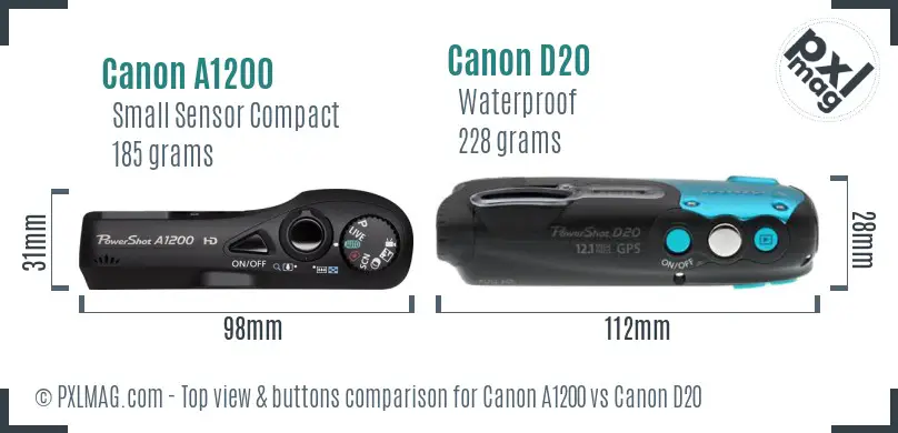 Canon A1200 vs Canon D20 top view buttons comparison
