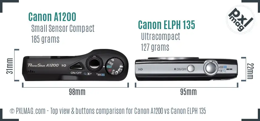 Canon A1200 vs Canon ELPH 135 top view buttons comparison