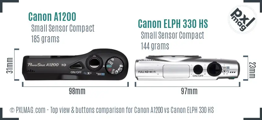 Canon A1200 vs Canon ELPH 330 HS top view buttons comparison Canon A1200 vs Canon ELPH 330 HS top view buttons comparison
