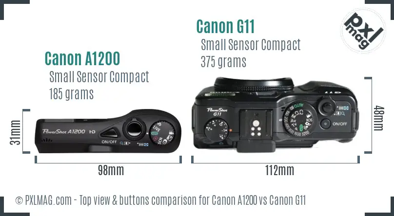 Canon A1200 vs Canon G11 top view buttons comparison