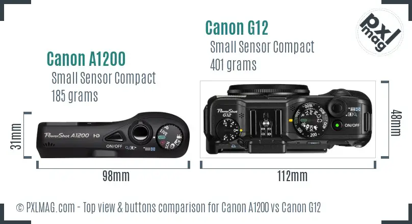 Canon A1200 vs Canon G12 top view buttons comparison